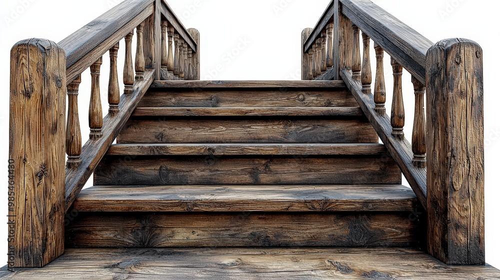 Rustic Wooden Staircase with Railing Isolated on White Background Rustic Wooden Staircase with Railing Isolated on White Background