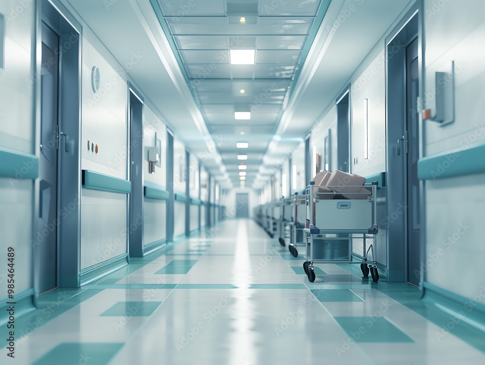 A 3D render of a hospital corridor with medical carts A 3D render of a hospital corridor with medical carts