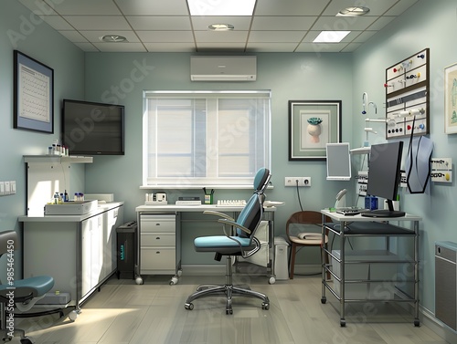 A 3D render of a doctor s office with medical equipment