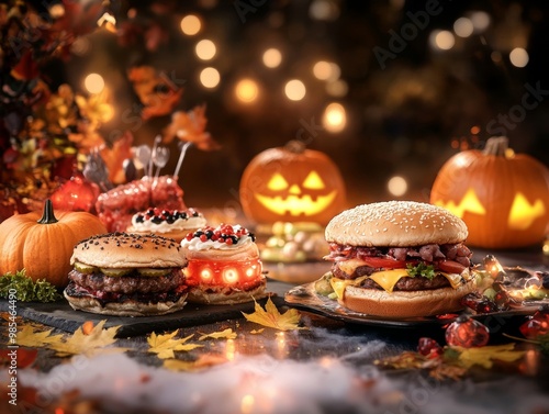 Haunted Halloween feast featuring spooky monster-themed burgers glowing eyeball jellies