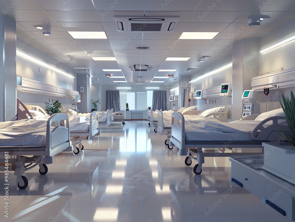 A 3D render of a hospital ward with beds and monitors