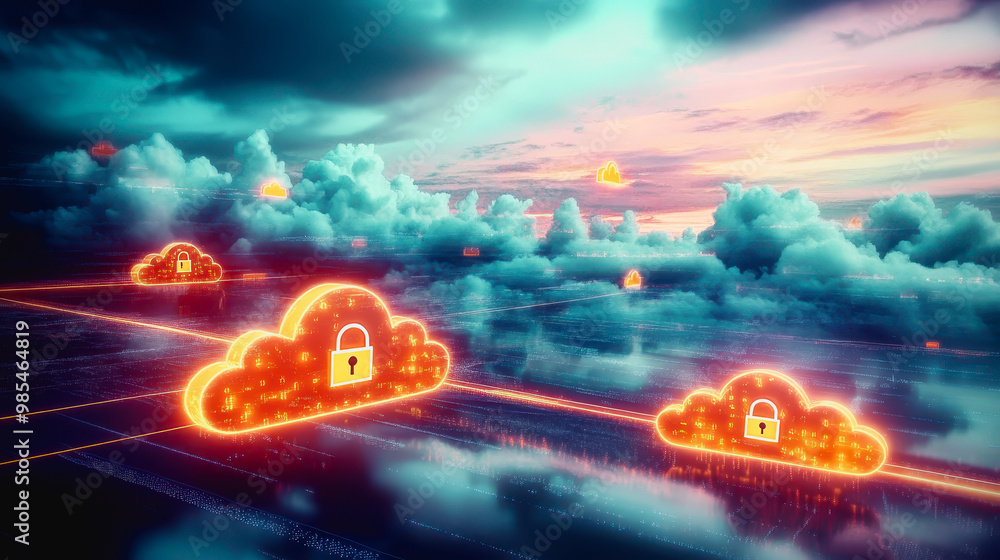 Glowing secure cloud icons connected in a digital futuristic landscape with data transfer lines Glowing secure cloud icons connected in a digital futuristic landscape with data transfer lines