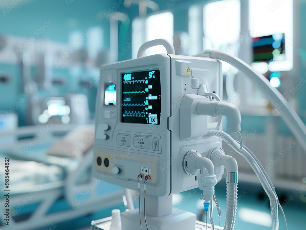 A 3D render of a medical ventilator in a hospital room A 3D render of a medical ventilator in a hospital room