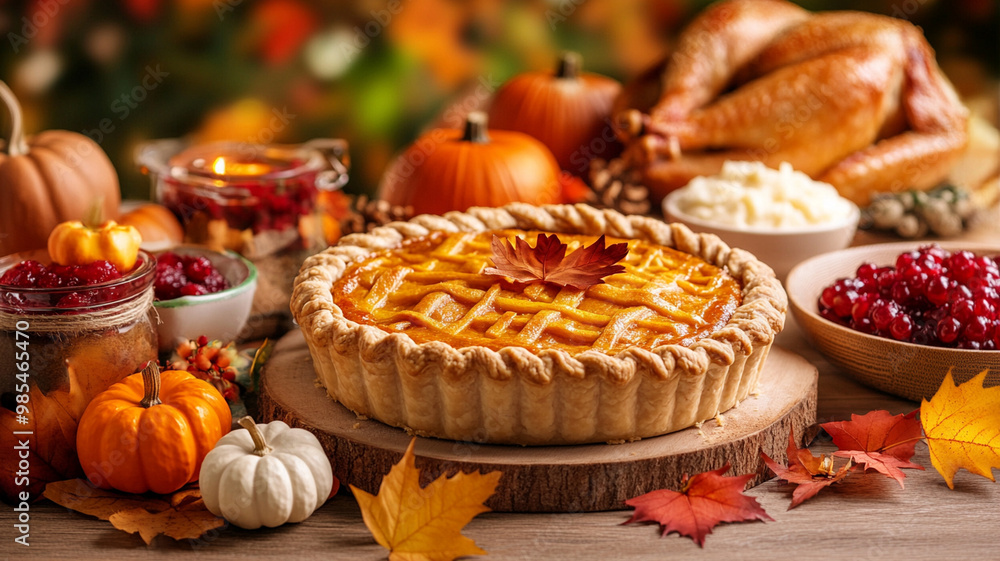 Delicious pumpkin pie with autumn decorations and festive foods Delicious pumpkin pie with autumn decorations and festive foods
