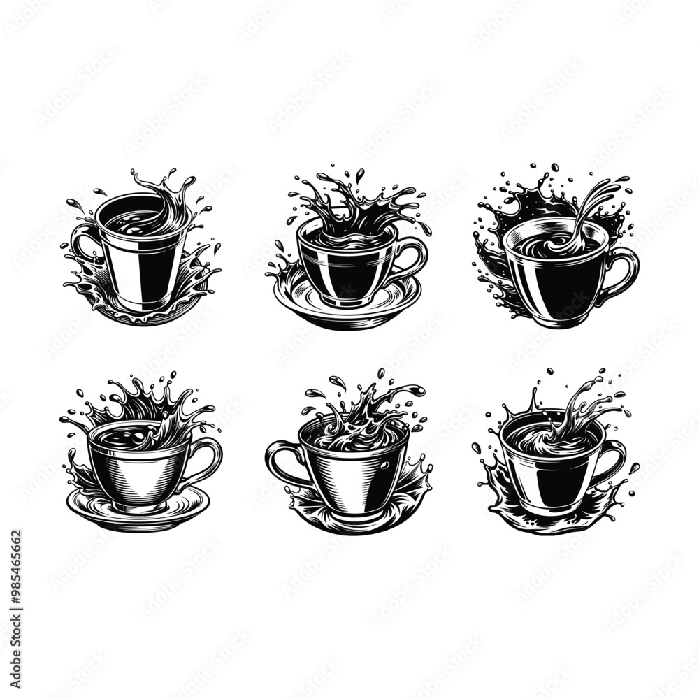 Obraz premium Coffee cup with splashes in vector style, featuring cartoon, clipart, and line art designs and ai generative