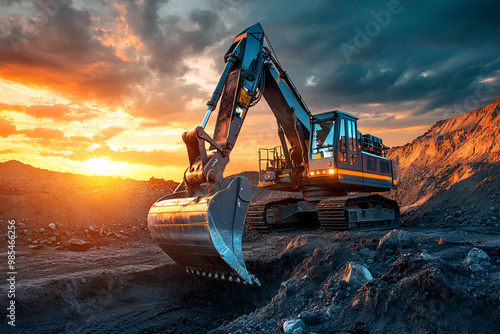 Excavator in opencast on sunset Electric EV futuristic excavator in open-pit. Digger with bucket. Electric excavator in a quarry during mining, future concept