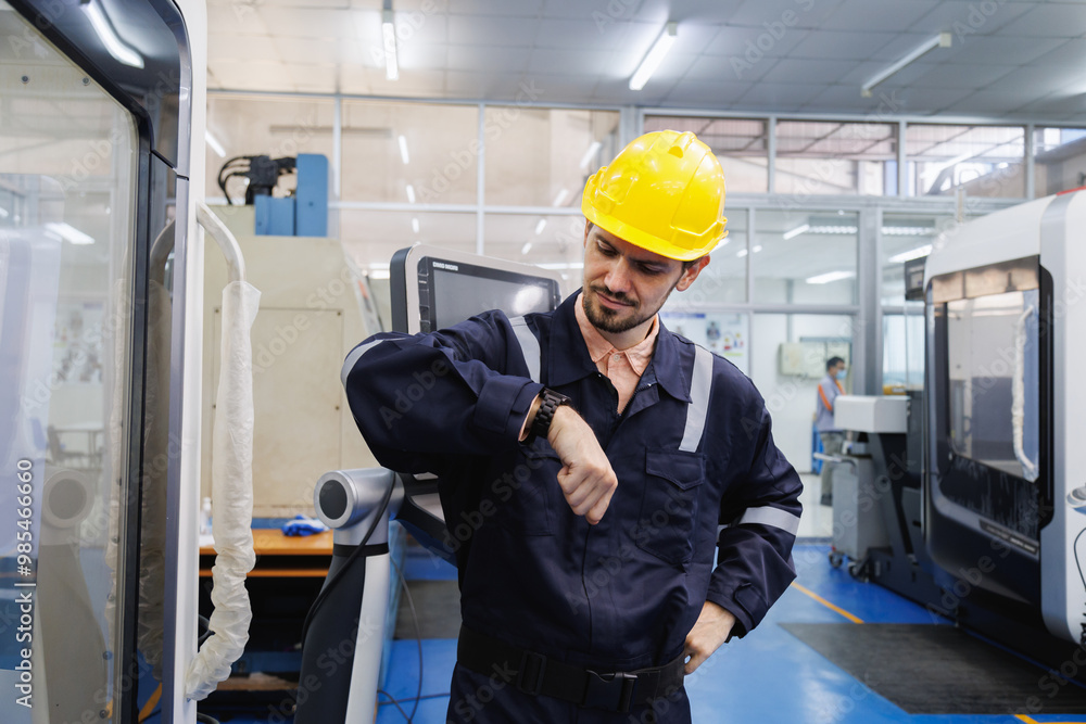Industrial engineer worker looking at smartwatch time check of working hours. Industry factory working hours afternoon break times for lunch. Industrial engineer worker looking at smartwatch time check of working hours. Industry factory working hours afternoon break times for lunch.