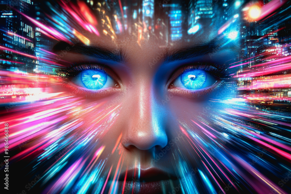 Futuristic cityscape with neon lights, speeding cars, and a woman's glowing blue eyes Futuristic cityscape with neon lights, speeding cars, and a woman's glowing blue eyes