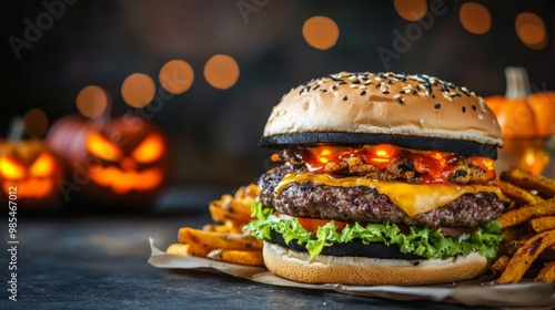 Monster burgers with black buns glowing cheese photo