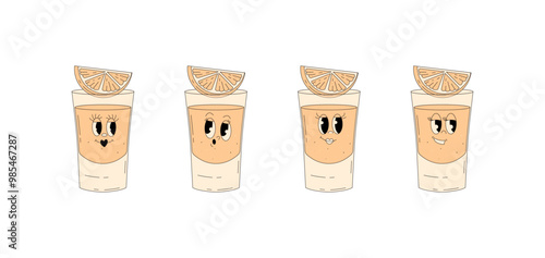 Set retro groovy characters summer cocktail. Funky alcohol beverage mexican tequila with different emotions. Vintage vector illustration 70s, 80s style