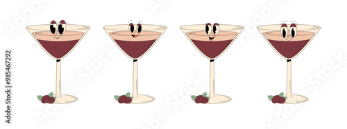 Set retro groovy characters summer cocktail. Funky alcohol beverage Tini espresso martini with different emotions. Vintage vector illustration 70s, 80s style