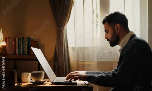 Syrian Man Working on Laptop in Cozy Setting