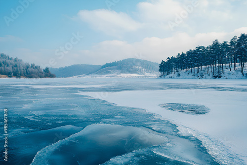 Wallpaper Mural Blue ice and cracks on the surface of the ice. Frozen lake under a blue sky in the winter. The hills of pines. Winter Torontodigital.ca