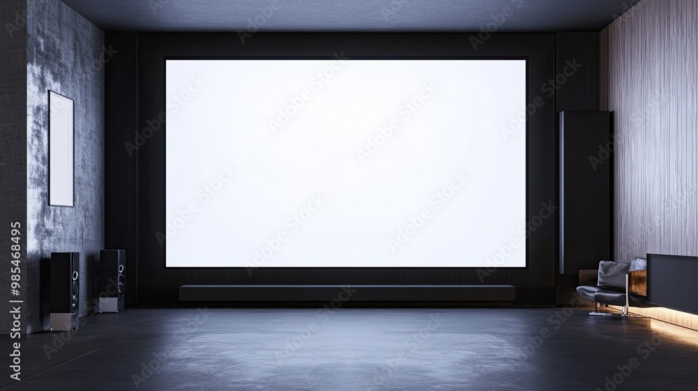 Large White Empty Screen in Living Room Interior on Dark Wall Background, 3D Rendering for Displaying Custom Content and Modern Home Entertainment Setup Large White Empty Screen in Living Room Interior on Dark Wall Background, 3D Rendering for Displaying Custom Content and Modern Home Entertainment Setup