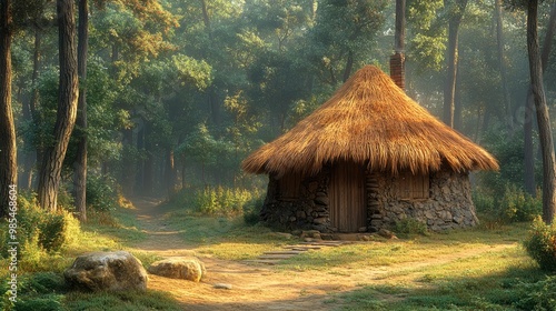 Stone and Thatch Cottage in a Forest Clearing photo