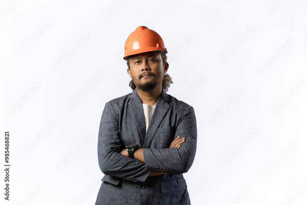 optimistic mens expressions and gestures thinking. stylish asian man with suit and orange helmet on white background. construction or mining business concept photo optimistic mens expressions and gestures thinking. stylish asian man with suit and orange helmet on white background. construction or mining business concept photo