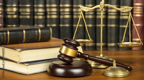 Law and Justice Symbols: Representation of law and justice with a gavel, scales of justice, and legal books, symbolizing the judicial system.