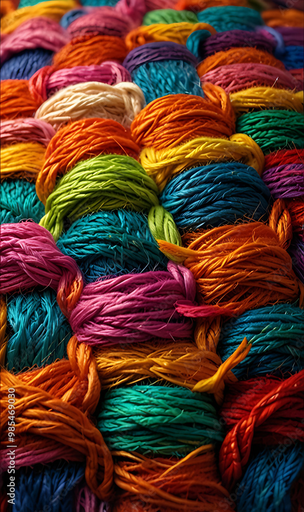 An abstract texture made of woven threads in bright, multicolored yarn, with visible weaving patterns and a handcrafted, artisanal feel, perfect for a cozy and creative mobile wallpaper An abstract texture made of woven threads in bright, multicolored yarn, with visible weaving patterns and a handcrafted, artisanal feel, perfect for a cozy and creative mobile wallpaper