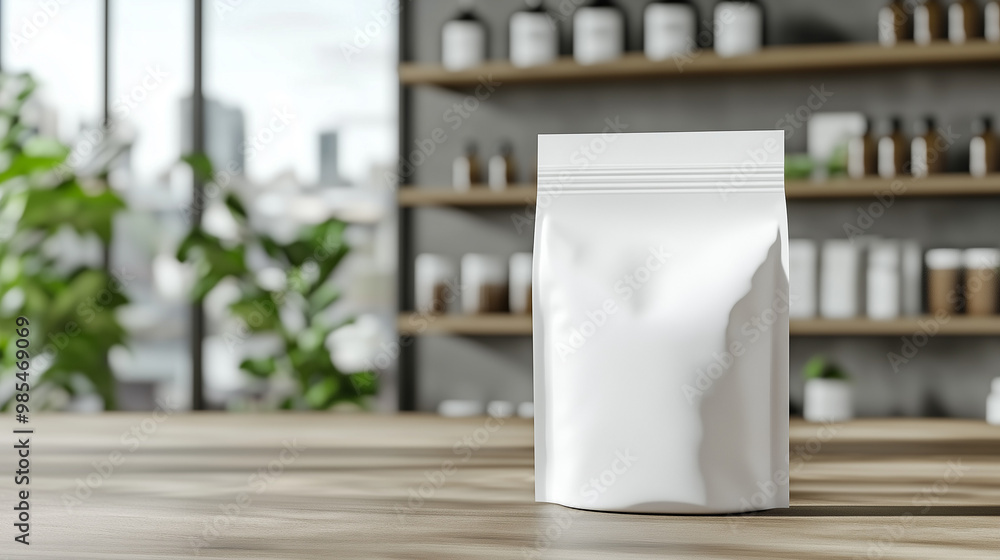 mockup white supplement bag upright on round rattan table, facing front, minimalist living room background, Ai generated images mockup white supplement bag upright on round rattan table, facing front, minimalist living room background, Ai generated images