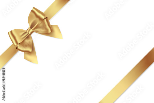 Gold Ribbon Bow Realistic shiny satin with shadow place on corner of paper for decorate your wedding invitation card ,greeting card or gift boxes vector EPS10 isolated on white background.