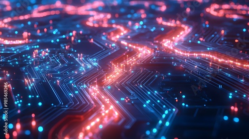 Abstract Circuit Board with Glowing Red and Blue Lines