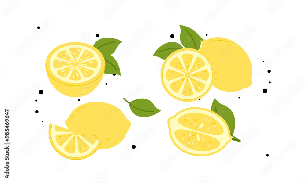 Cartoon lemons. Exotic sour juicy fruit. Yellow citrus. Citric whole and slices Cartoon lemons. Exotic sour juicy fruit. Yellow citrus. Citric whole and slices