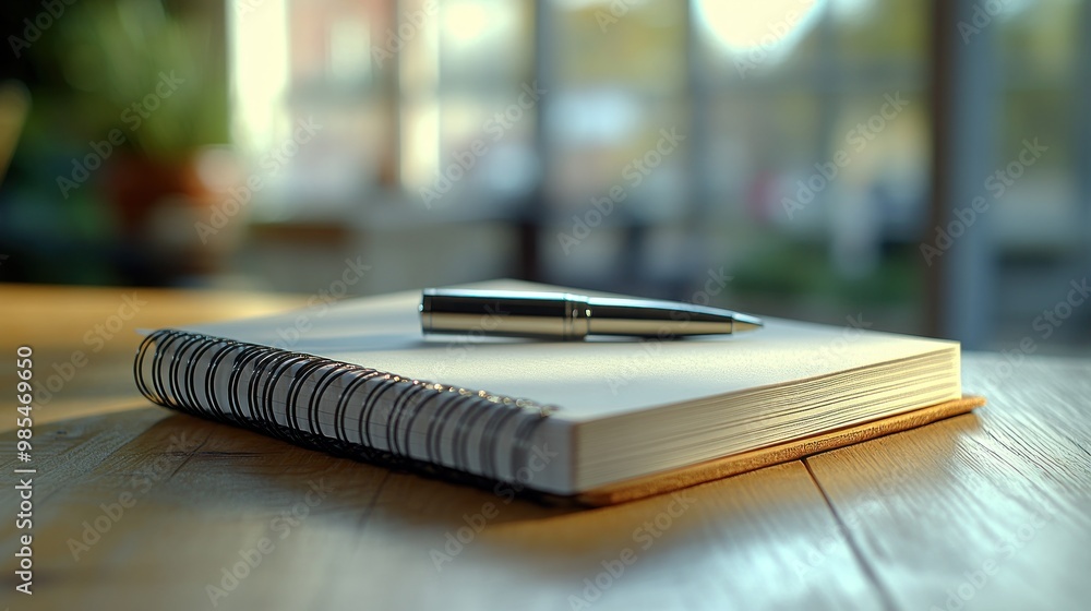 A pen resting on a blank notebook on a wooden table. A pen resting on a blank notebook on a wooden table.