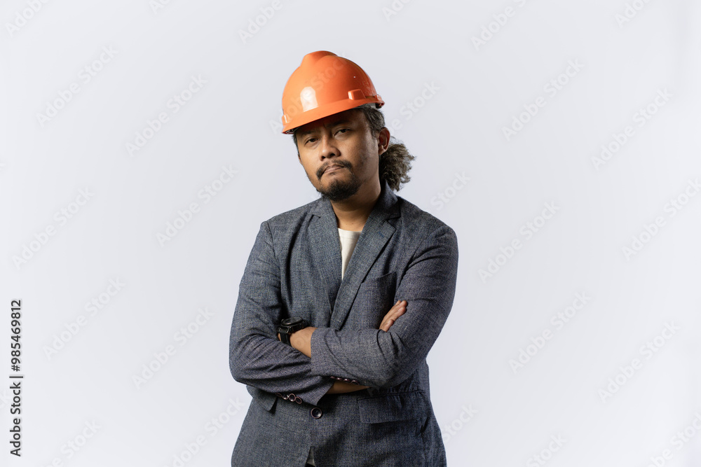 optimistic mens expressions and gestures thinking. stylish asian man with suit and orange helmet on white background. construction or mining business concept photo optimistic mens expressions and gestures thinking. stylish asian man with suit and orange helmet on white background. construction or mining business concept photo