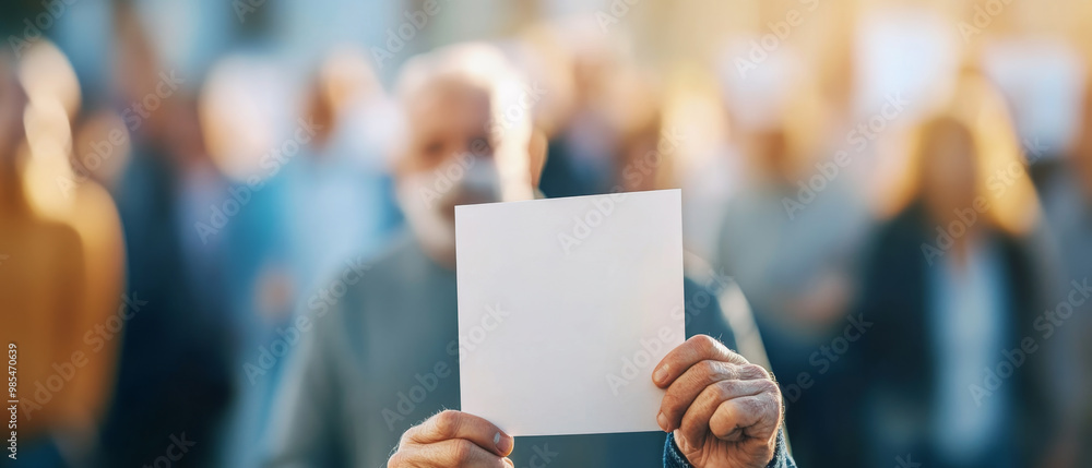 A close up of voter holding blank ballot, showcasing indecision amidst crowd. atmosphere reflects weight of choice and civic responsibility A close up of voter holding blank ballot, showcasing indecision amidst crowd. atmosphere reflects weight of choice and civic responsibility