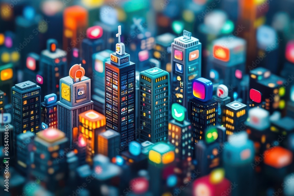 Capture a tilted angle view of a vibrant social media cityscape, showcasing various platforms as towering buildings with trending hashtags and colorful icons Capture a tilted angle view of a vibrant social media cityscape, showcasing various platforms as towering buildings with trending hashtags and colorful icons