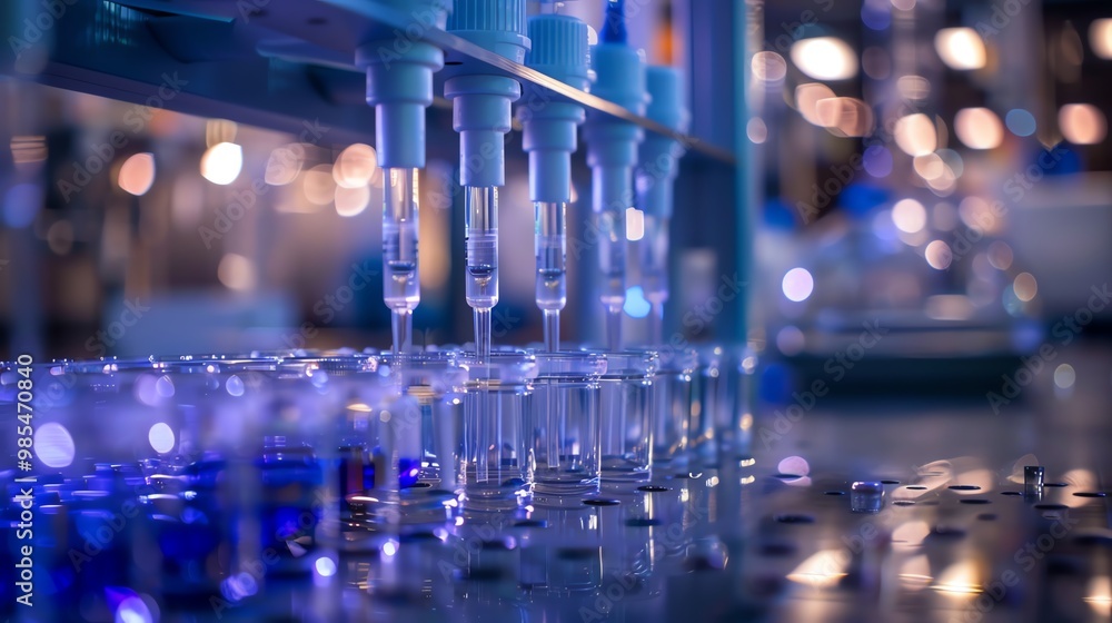 A laboratory setup with pipettes and racks A laboratory setup with pipettes and racks