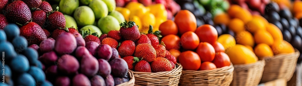 Colorful display of fresh fruits in baskets, showcasing a variety of textures and colors, perfect for healthy living and nutrition.