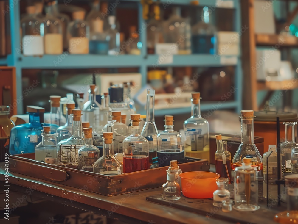 A laboratory setup with various glassware and chemicals A laboratory setup with various glassware and chemicals