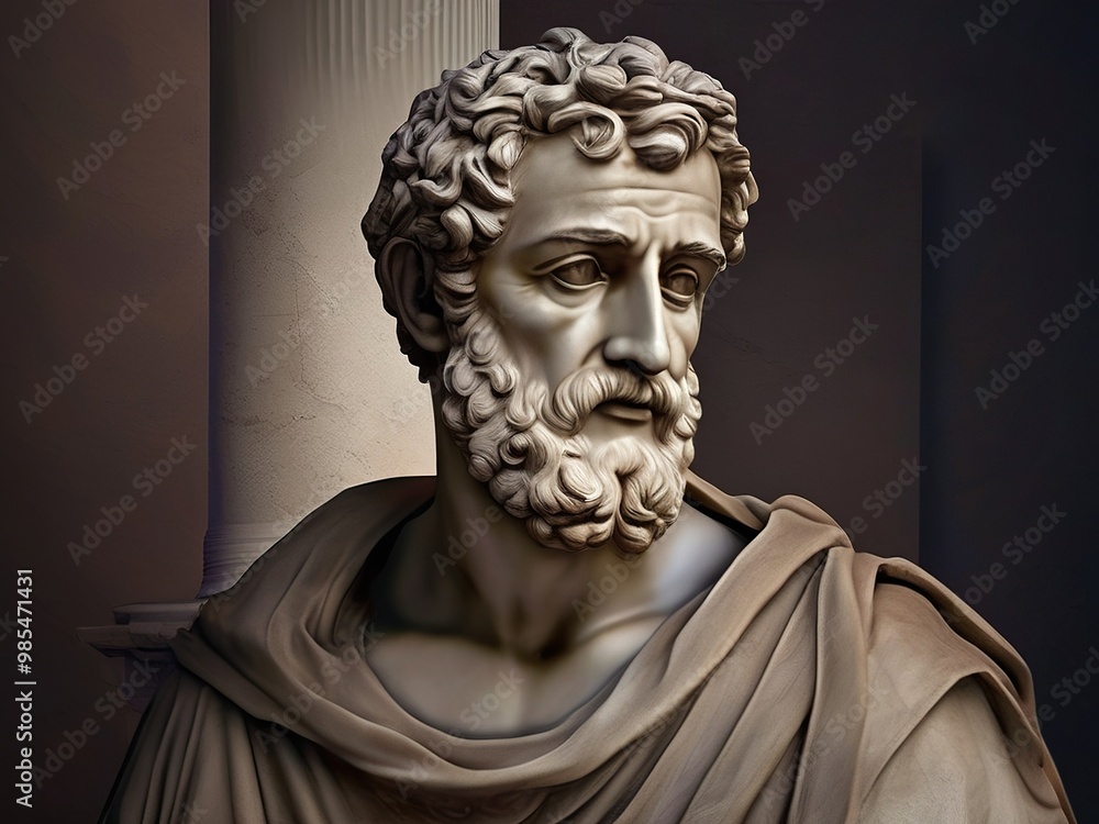 Obraz premium Stone face with stern expression of ancient thinker, Greek philosopher in stone, on dark background. Stoicism