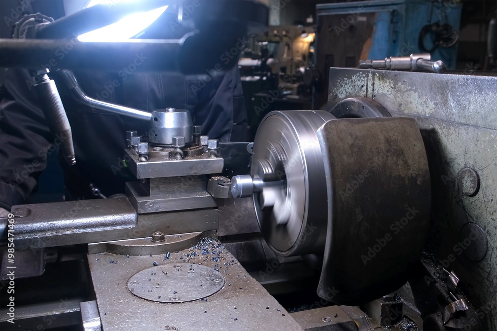 Metal worker operating working on lathe machine in workshop on factory. Turning spinning metal part in factory floor. Metalworking metallurgical industry, automated machinery production manufacturing. Metal worker operating working on lathe machine in workshop on factory. Turning spinning metal part in factory floor. Metalworking metallurgical industry, automated machinery production manufacturing.