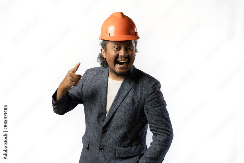 expression of a boss's unacceptability, stylish asian man with suit and orange helmet on white background. construction or mining business concept photo expression of a boss's unacceptability, stylish asian man with suit and orange helmet on white background. construction or mining business concept photo