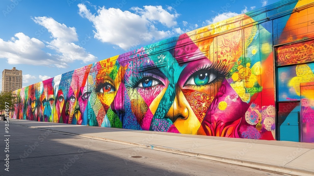 Fototapeta premium Vibrant Urban Mural with Kaleidoscope Eyes, Colorful Street Art in Cityscape.