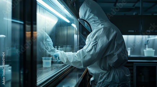 A laboratory technician working under a fume hood