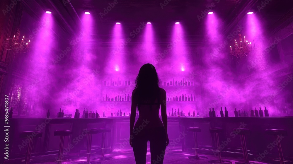Woman in Silhouette in a Purple-Lit Bar