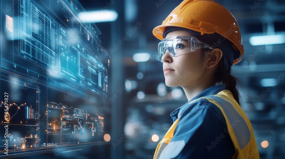 Engineer examining high tech control room with advanced digital equipment and automation Engineer examining high tech control room with advanced digital equipment and automation
