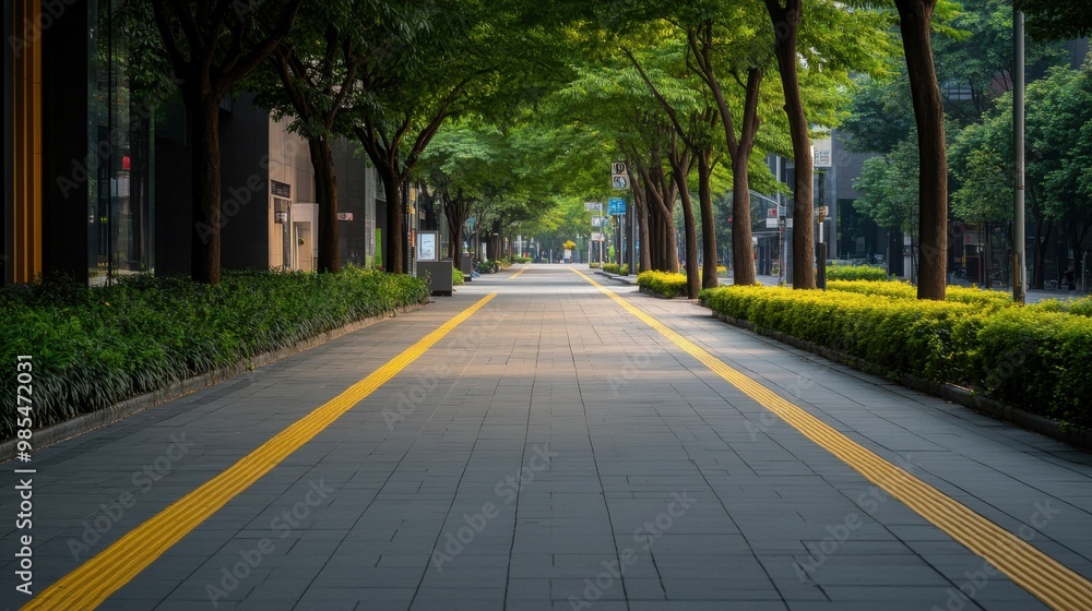 Urban Oasis: A Tranquil Street Scene with Lush Landscaping and Modern Architecture Urban Oasis: A Tranquil Street Scene with Lush Landscaping and Modern Architecture