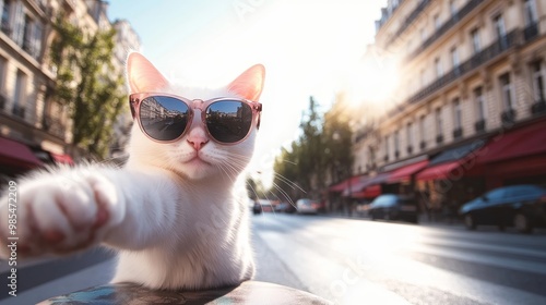 Fototapeta Naklejka Na Ścianę i Meble -  Fashionable White Bengal Cat Wearing Sunglasses Exploring the Vibrant Streets of Paris