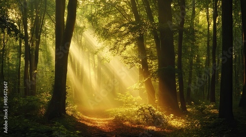 Magical forest scene with warm, golden light filtering through trees, creating an enchanting and serene ambiance.