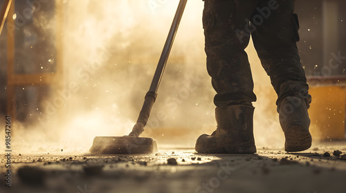 Construction Worker Cleaning Dusty Floor with Industrial Vacuum