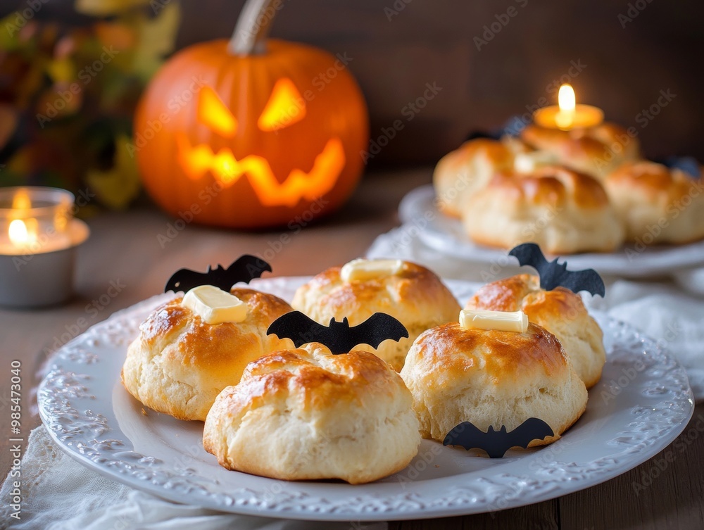 Pumpkin-shaped bread rolls with bat-shaped butter servings ready for a Halloween dinner party with dim Pumpkin-shaped bread rolls with bat-shaped butter servings ready for a Halloween dinner party with dim