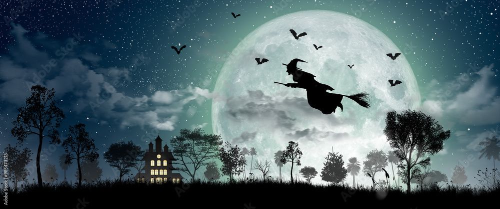 Halloween Silhouette of Witch flying over the full moon. Halloween Silhouette of Witch flying over the full moon.