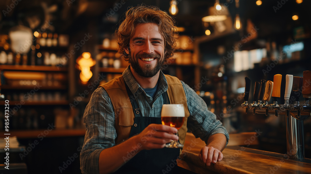 Smiling Bartender with a Pint of Beer in Rustic Pub Setting Smiling Bartender with a Pint of Beer in Rustic Pub Setting