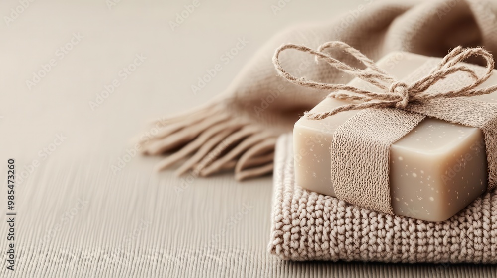 Elegant natural soap gift wrapped with a ribbon, placed on a soft fabric, perfect for relaxation and self-care themes. Elegant natural soap gift wrapped with a ribbon, placed on a soft fabric, perfect for relaxation and self-care themes.