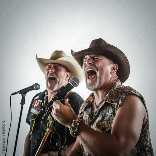 Dupla de cantores com chapéu de cowboy  cantando no microfone em um fundo branco. photo