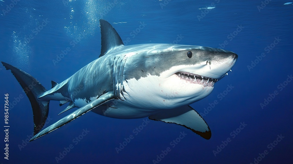 Majestic Great White Shark Powerfully Navigating the Ocean Depths: Captivating Image of a Dominant Sea Predator in Its Natural, Deep-Sea Habitat. Majestic Great White Shark Powerfully Navigating the Ocean Depths: Captivating Image of a Dominant Sea Predator in Its Natural, Deep-Sea Habitat.